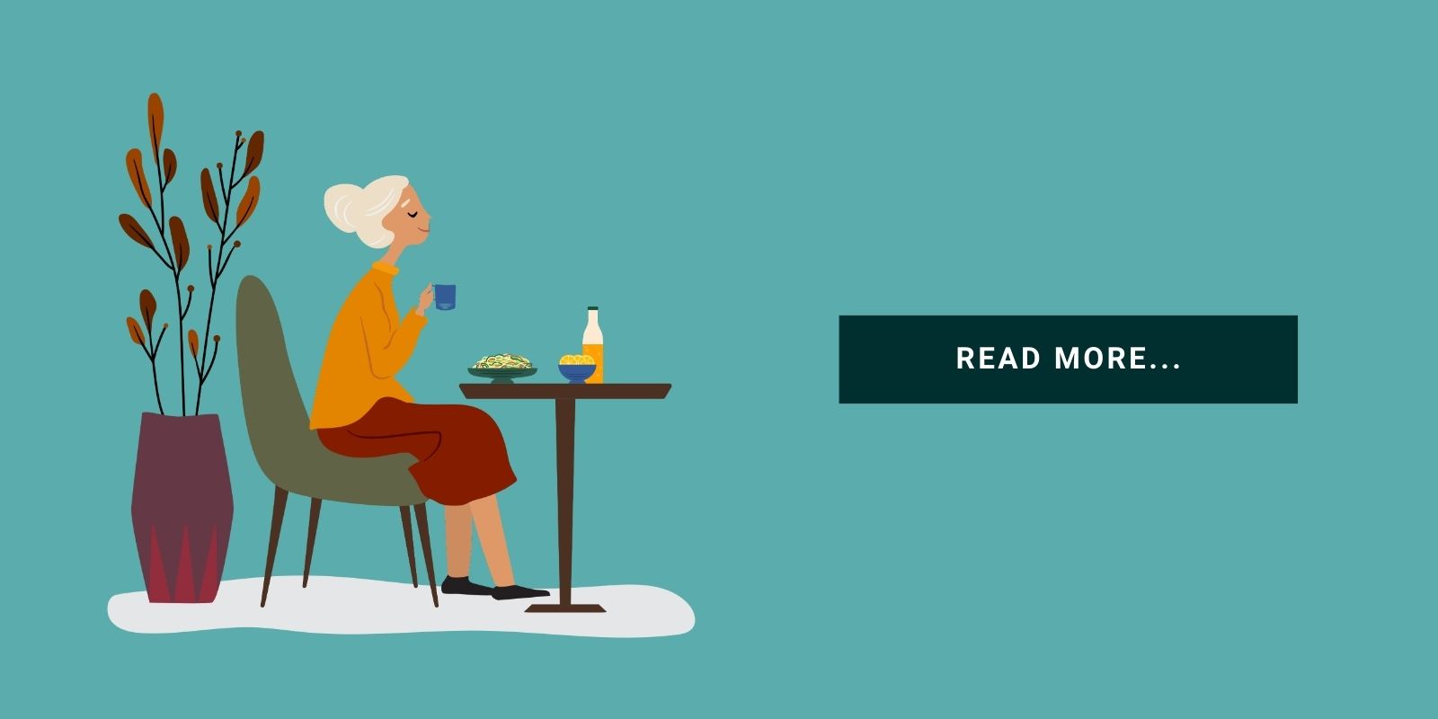 An illustration of a senior enjoying a meal with a button that says, "Read More..."