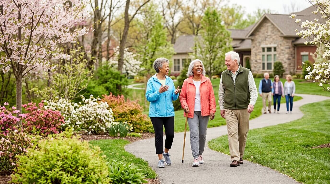 Three older adults smiling and walking on a sunny day.