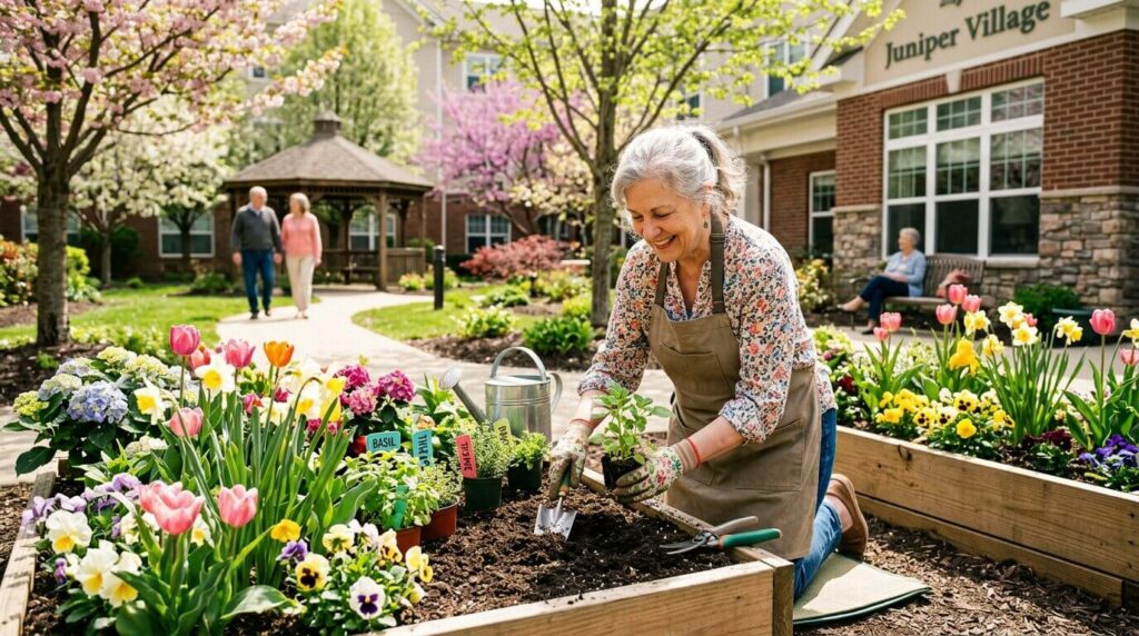 Senior gardening in springtime at a senior living community.