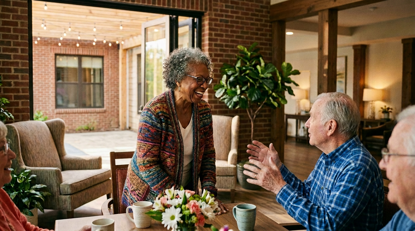 Older adults having a chat in an assisted living community