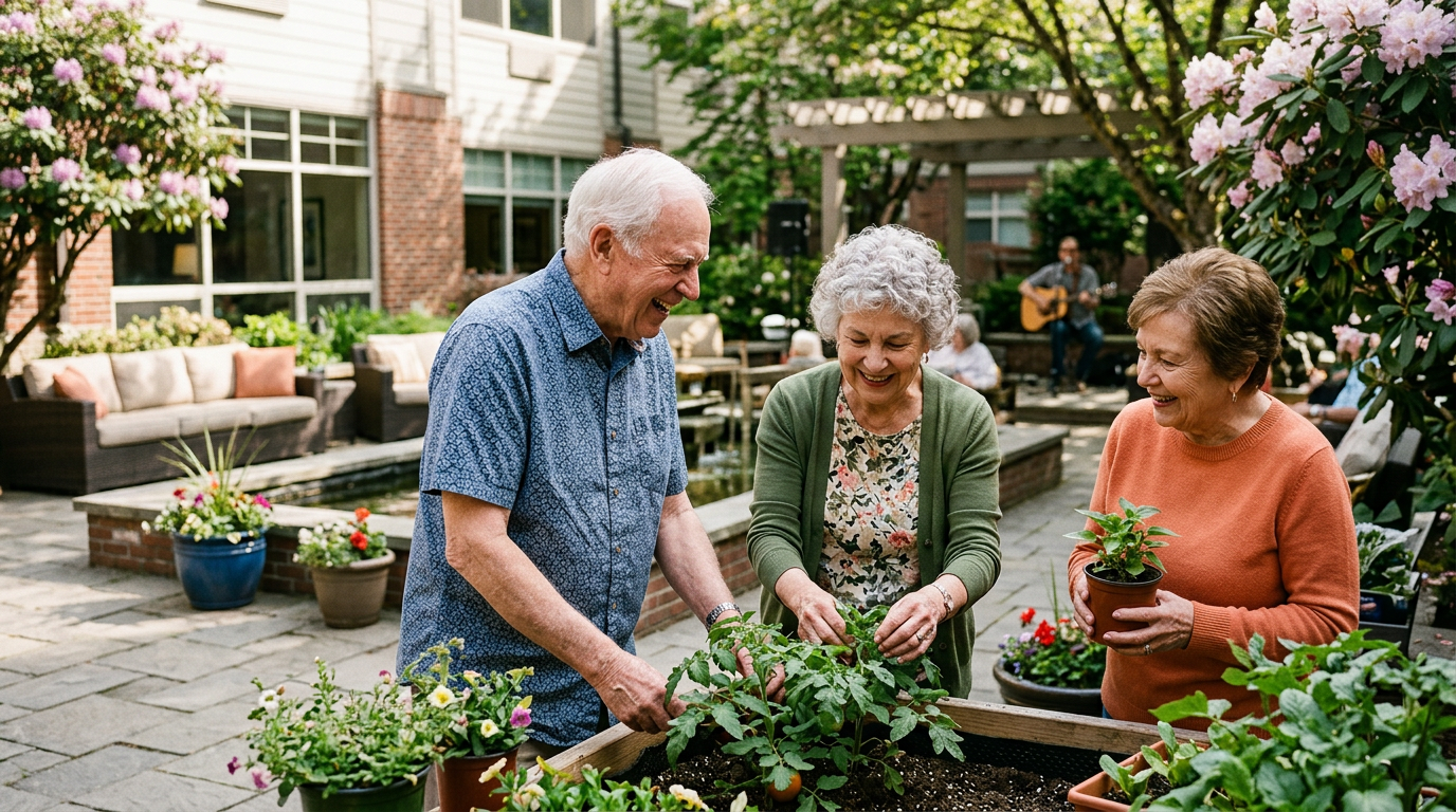 A group of seniors enjoying their time gardening in assisted living